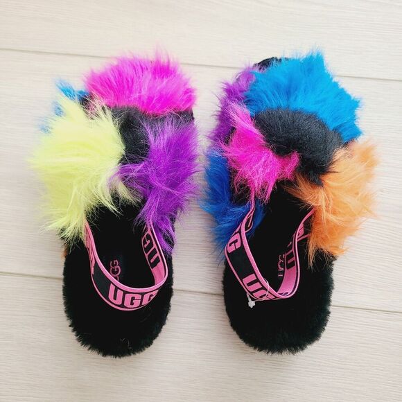 New Ugg Fluff Yeah Party Spots Slide Slippers 7 Black Neon Multi Faux Fur - Picture 5 of 9